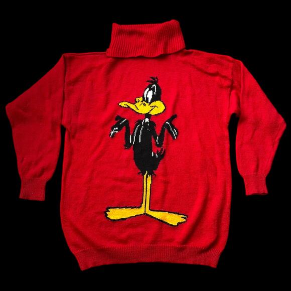 Vintage 80s Looney Tunes Turtleneck Sweater Daffy Duck Red Sz L - Picture 1 of 5